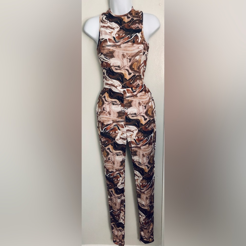 Brown Marble Print Sleeveless Jumpsuit
